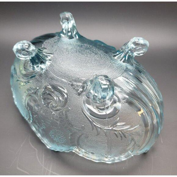 Blue Glass Bowl Jeannette Lombardi Floral Oval Footed Dish DD19 - Picture 7 of 7